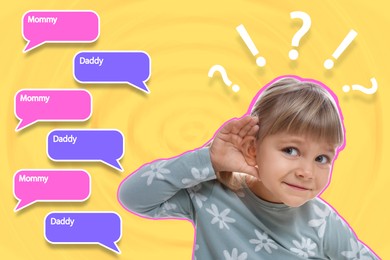 Image of Eavesdropping, creative collage. Little girl holding hand to ear and speech bubbles showing dialog between mommy and daddy on bright background
