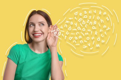 Image of Eavesdropping, creative collage. happy woman holding hand to ear on bright background. Flow of letters coming into her ear
