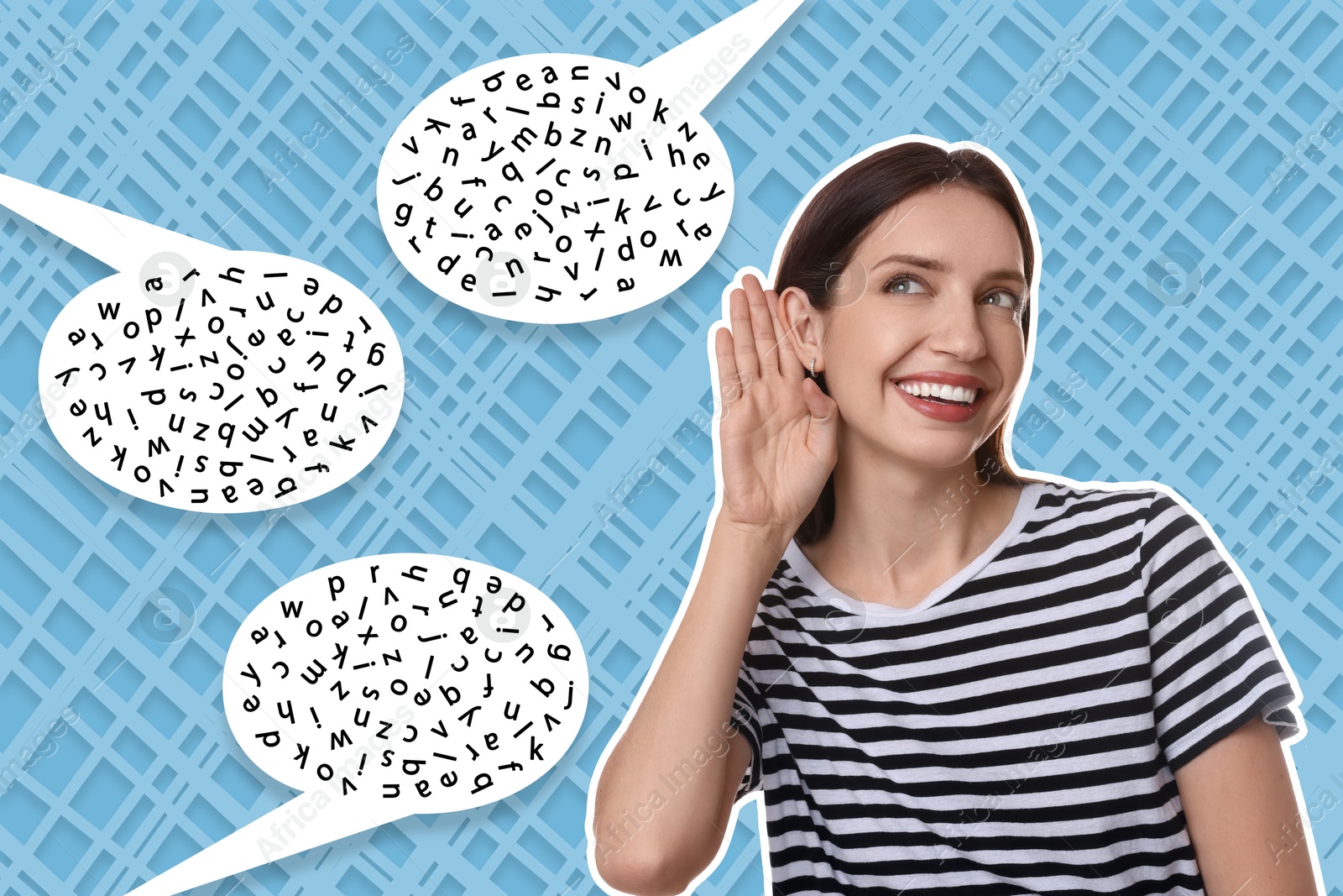 Eavesdropping, creative collage. Happy woman holding hand to ear on bright background. Speech bubbles with letters near her Image of Eavesdropping, creative collage. Happy woman holding hand to ear on bright background. Speech bubbles with letters near her