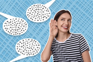 Image of Eavesdropping, creative collage. Happy woman holding hand to ear on bright background. Speech bubbles with letters near her