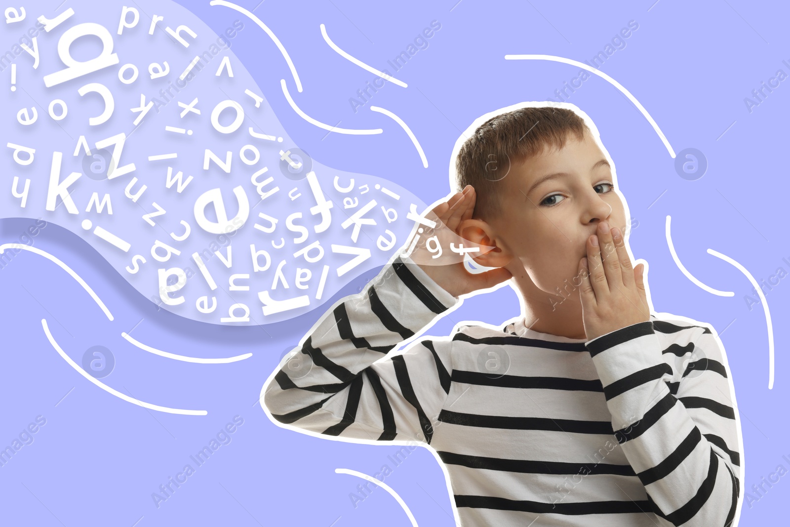 Image of Eavesdropping, creative collage. Little boy holding hand to ear on bright background. Flow of letters coming into his ear
