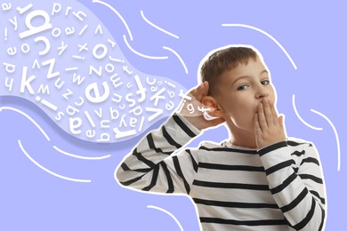 Image of Eavesdropping, creative collage. Little boy holding hand to ear on bright background. Flow of letters coming into his ear