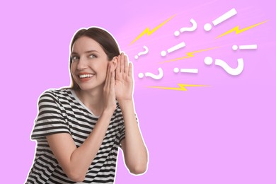 Image of Eavesdropping, creative collage. Happy woman holding hands to ear on bright background. Flow of question and exclamation marks coming into her ear