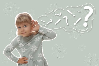 Image of Eavesdropping, creative collage. Little girl holding hand near ear on grey background. Question and exclamation marks coming into her ear