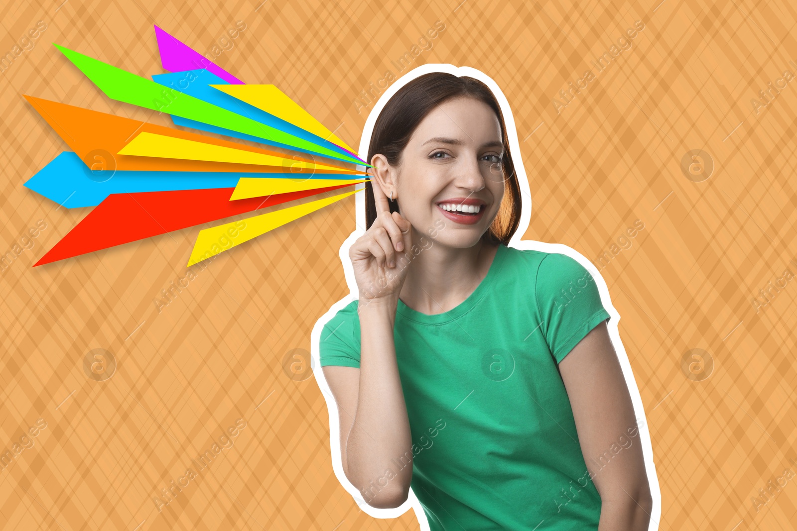 Eavesdropping, creative collage. Happy woman holding hand to ear on bright background. Colorful lines coming into her ear Image of Eavesdropping, creative collage. Happy woman holding hand to ear on bright background. Colorful lines coming into her ear