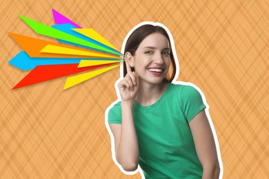 Image of Eavesdropping, creative collage. Happy woman holding hand to ear on bright background. Colorful lines coming into her ear