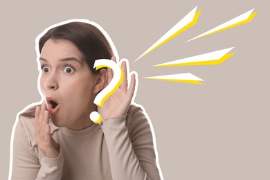 Image of Eavesdropping, creative collage. Shocked woman holding hand to ear and question mark on beige background