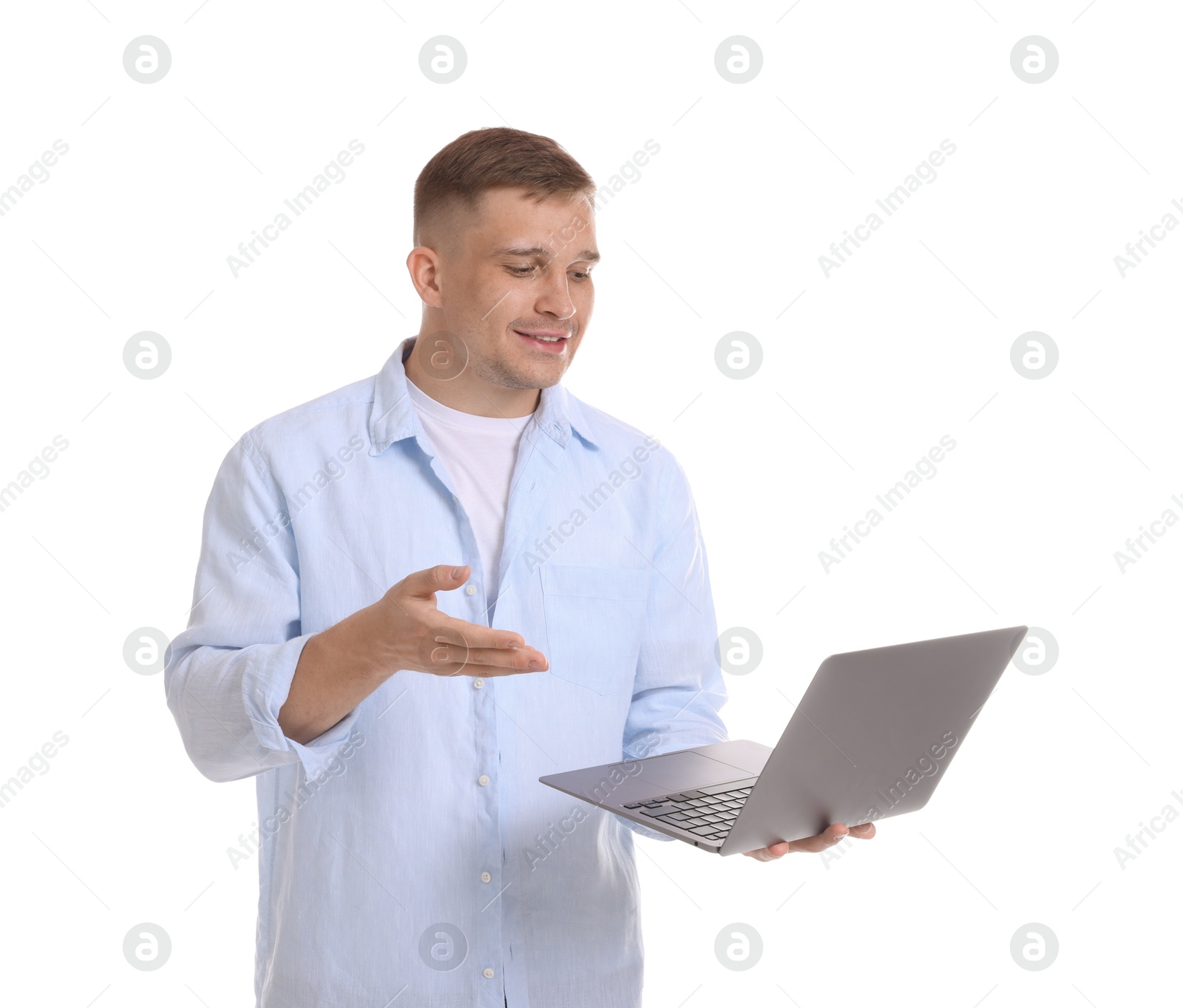 Photo of Smiling psychologist during online session by laptop on white background