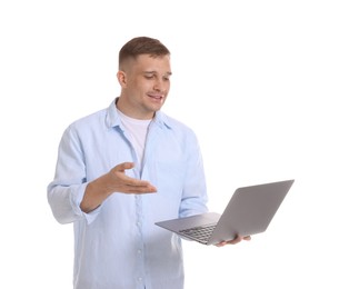 Photo of Smiling psychologist during online session by laptop on white background
