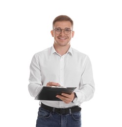 Photo of Portrait of smiling psychologist in glasses with clipboard and pen on white background