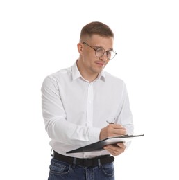 Photo of Psychologist in glasses with clipboard and pen on white background
