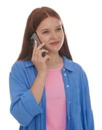 Photo of Beautiful teenage girl talking by smartphone on white background