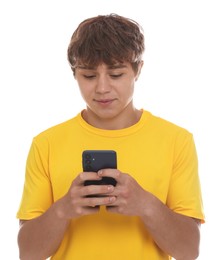 Photo of Teenage boy using smartphone on white background