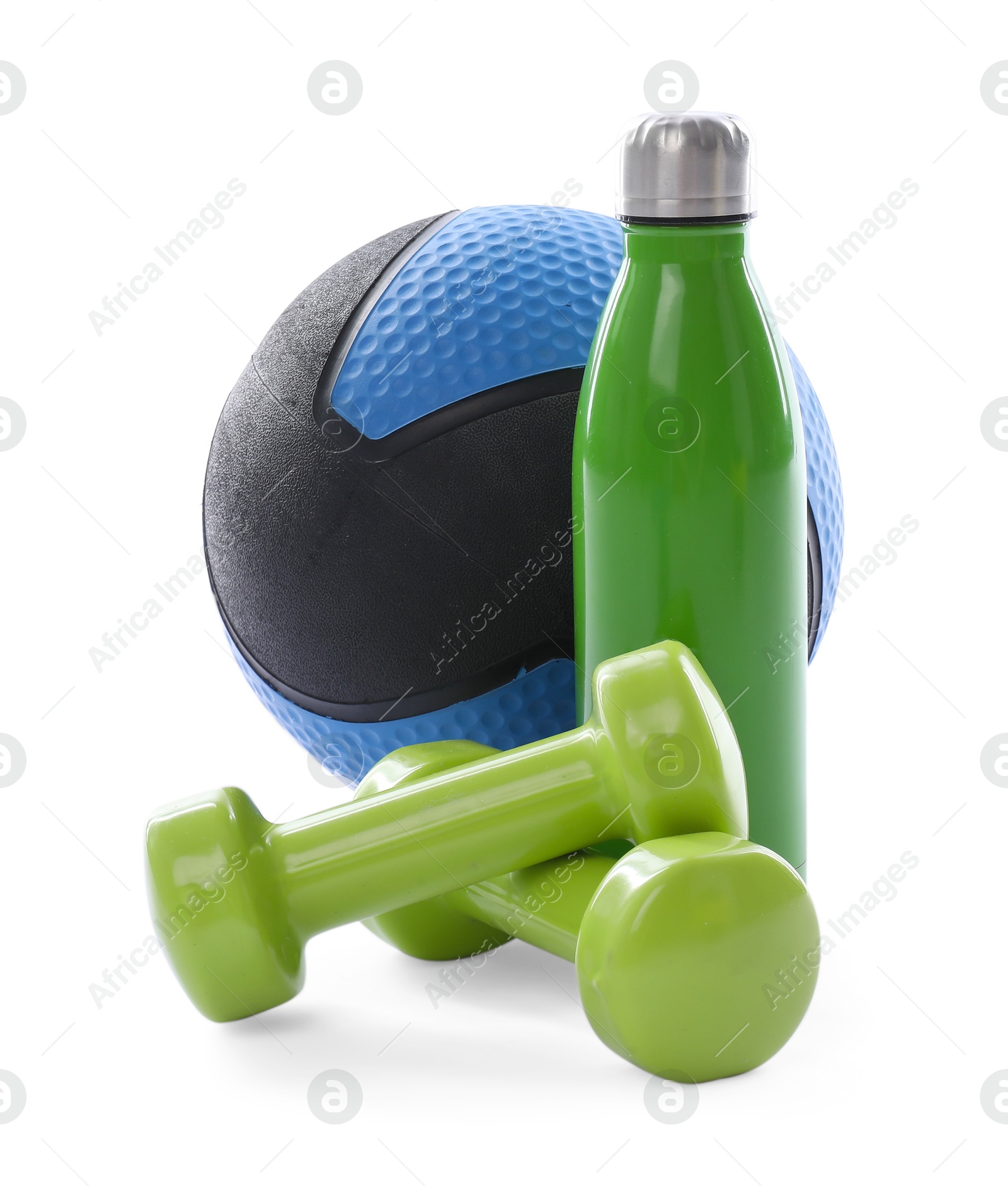 Medicine ball, dumbbells and water bottle isolated on white Photo of Medicine ball, dumbbells and water bottle isolated on white