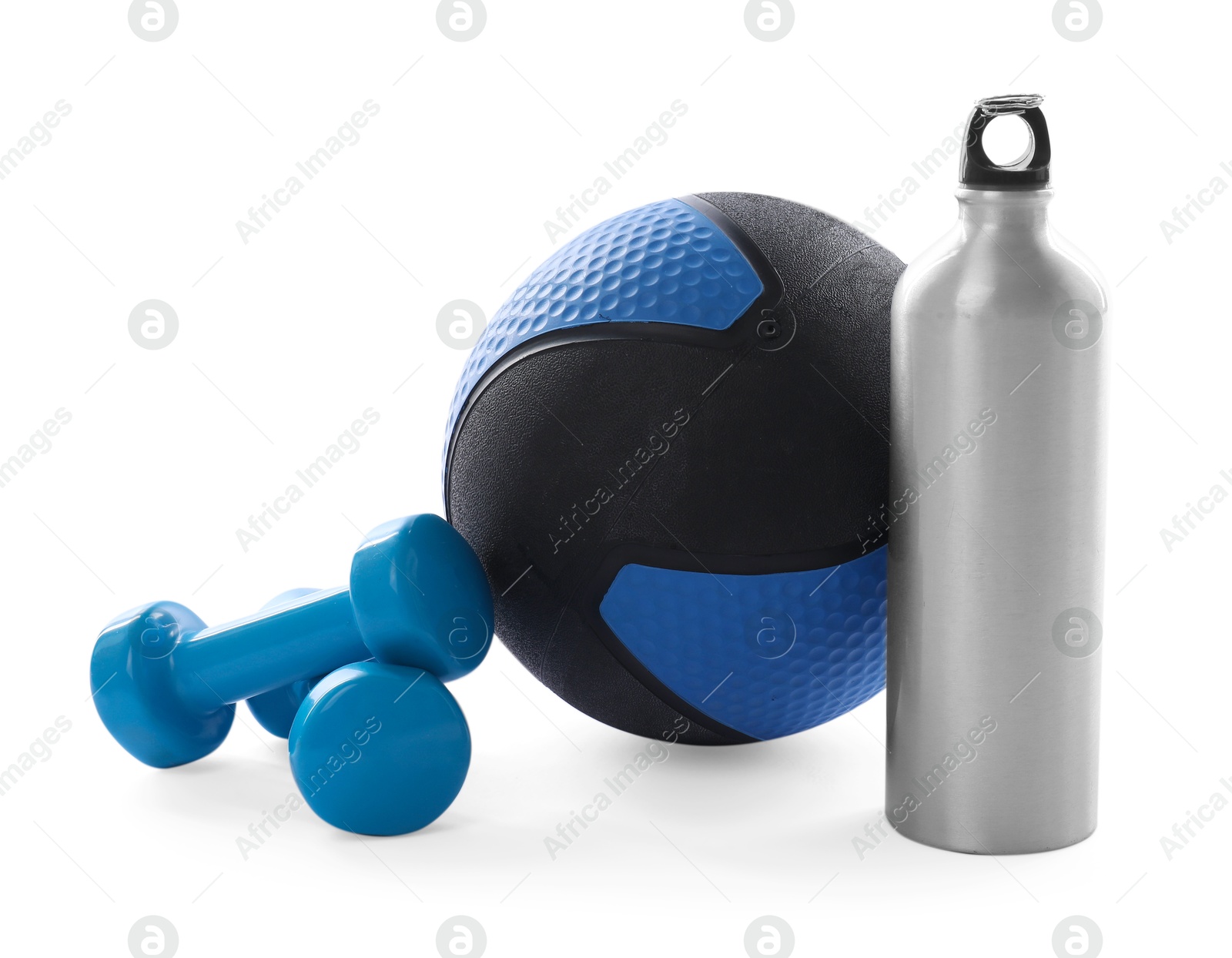 Medicine ball, dumbbells and water bottle isolated on white Photo of Medicine ball, dumbbells and water bottle isolated on white