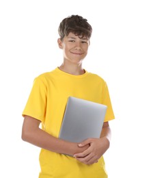 Photo of Teenage boy with laptop on white background