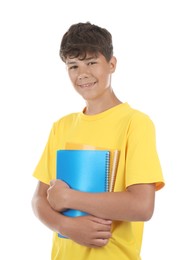 Photo of Teenage boy with notebooks on white background