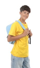 Photo of Teenage boy with backpack on white background