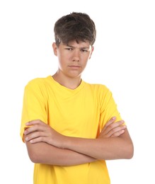 Photo of Portrait of teenage boy on white background