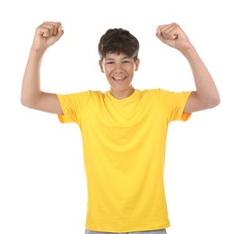 Photo of Portrait of teenage boy on white background