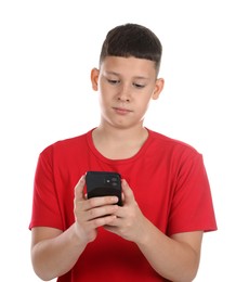 Photo of Teenage boy with smartphone on white background