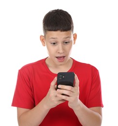 Photo of Teenage boy with smartphone on white background