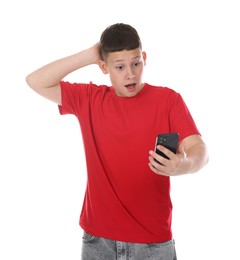 Photo of Teenage boy with smartphone on white background