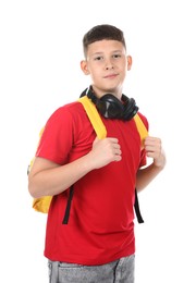 Photo of Teenage boy with headphones and backpack on white background