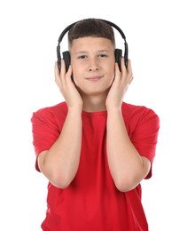 Photo of Teenage boy in headphones on white background
