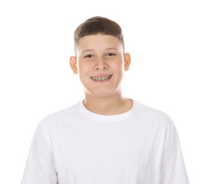 Photo of Portrait of teenage boy on white background
