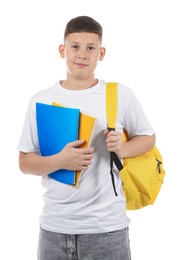 Photo of Teenage boy with notebooks and backpack on white background