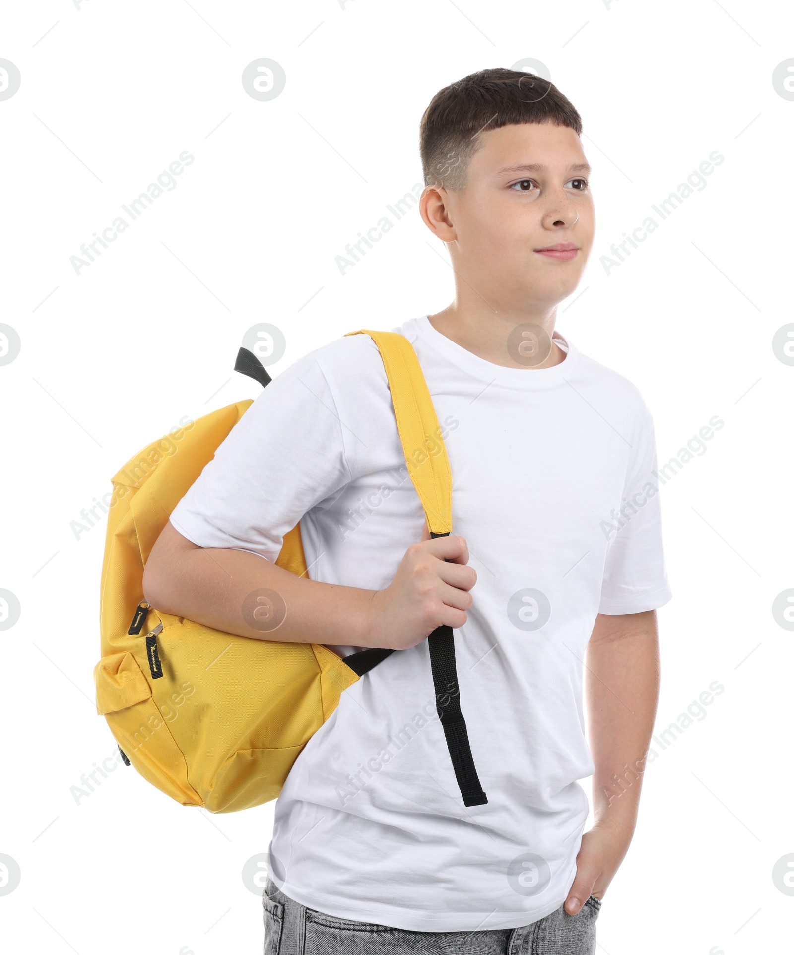 Teenage boy with backpack on white background Photo of Teenage boy with backpack on white background