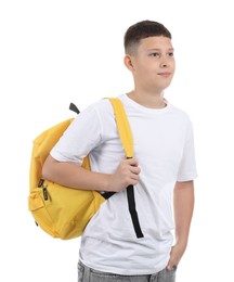 Photo of Teenage boy with backpack on white background