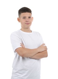 Photo of Portrait of teenage boy on white background
