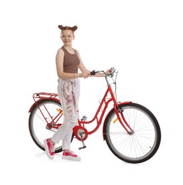 Photo of Teenage girl with red bicycle on white background