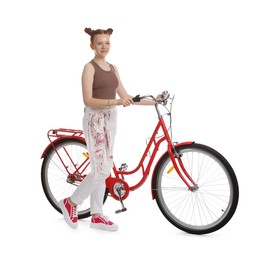 Photo of Teenage girl with red bicycle on white background