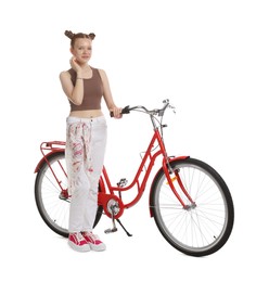 Photo of Teenage girl with red bicycle on white background