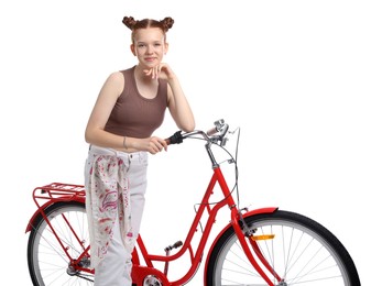 Photo of Teenage girl with red bicycle on white background