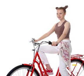 Photo of Teenage girl riding bicycle on white background