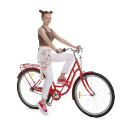 Photo of Teenage girl riding bicycle on white background