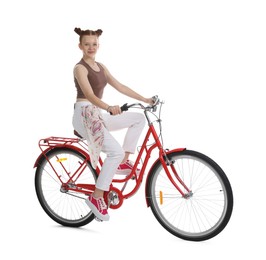 Photo of Teenage girl riding bicycle on white background
