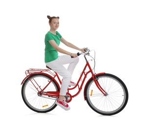 Photo of Teenage girl riding bicycle on white background