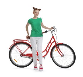 Photo of Teenage girl with red bicycle on white background