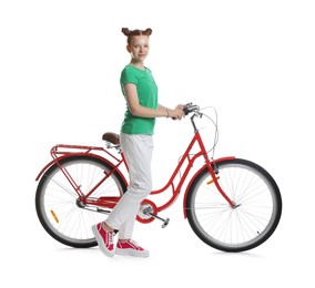 Photo of Teenage girl with red bicycle on white background