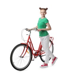 Photo of Teenage girl with red bicycle on white background