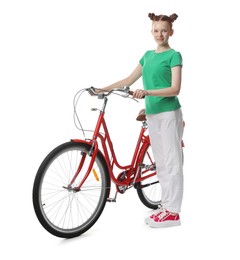 Photo of Teenage girl with red bicycle on white background