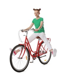Photo of Teenage girl riding bicycle on white background