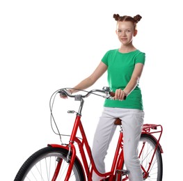 Photo of Teenage girl riding bicycle on white background