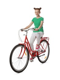 Photo of Teenage girl riding bicycle on white background