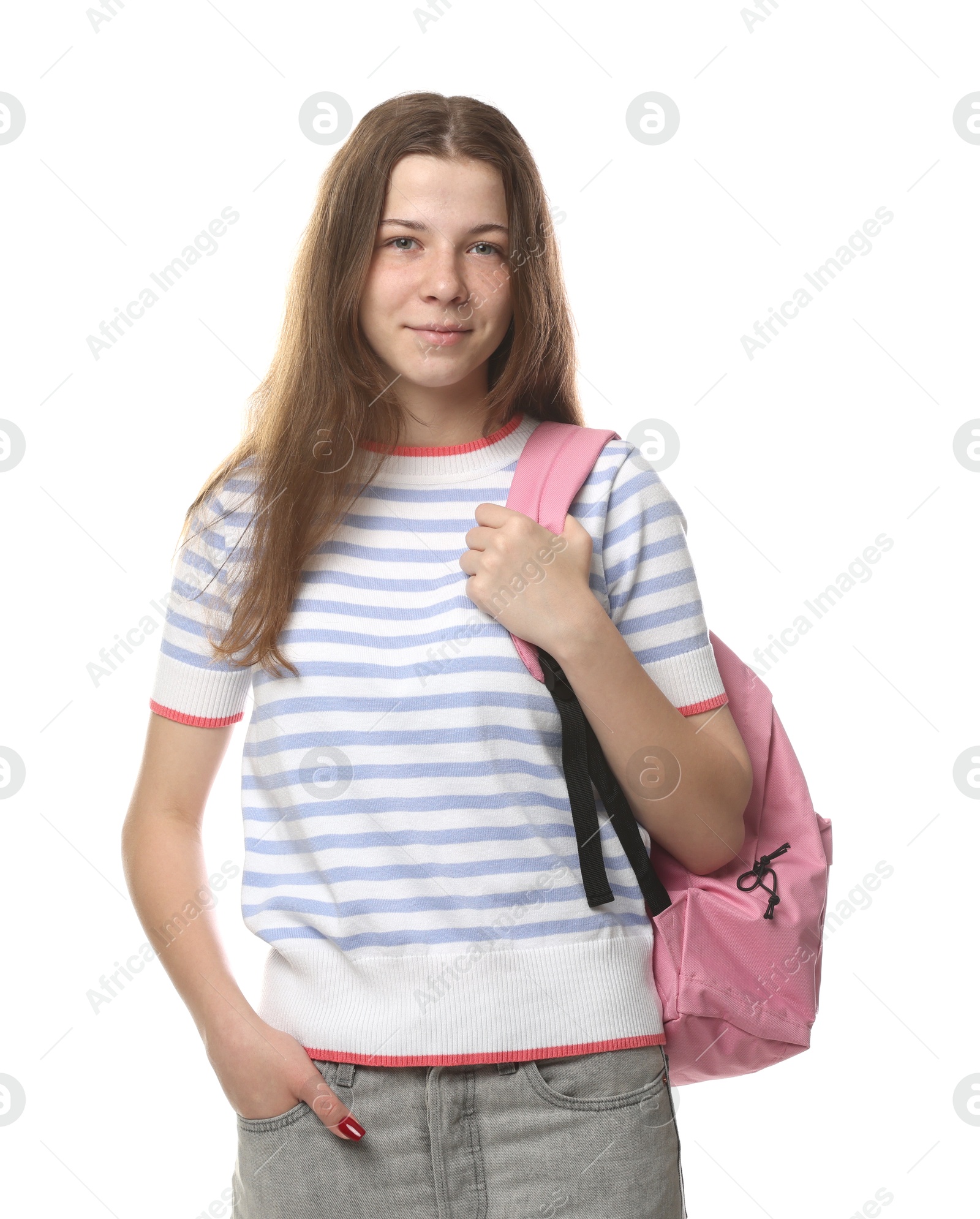 Photo of Teenage girl with backpack on white background